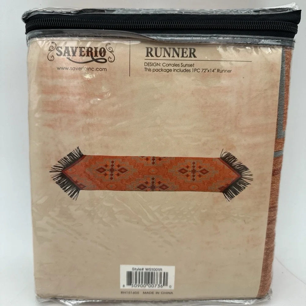 Saverio Table Runner with fringe Southwest Orange Brown Aztec Style 72